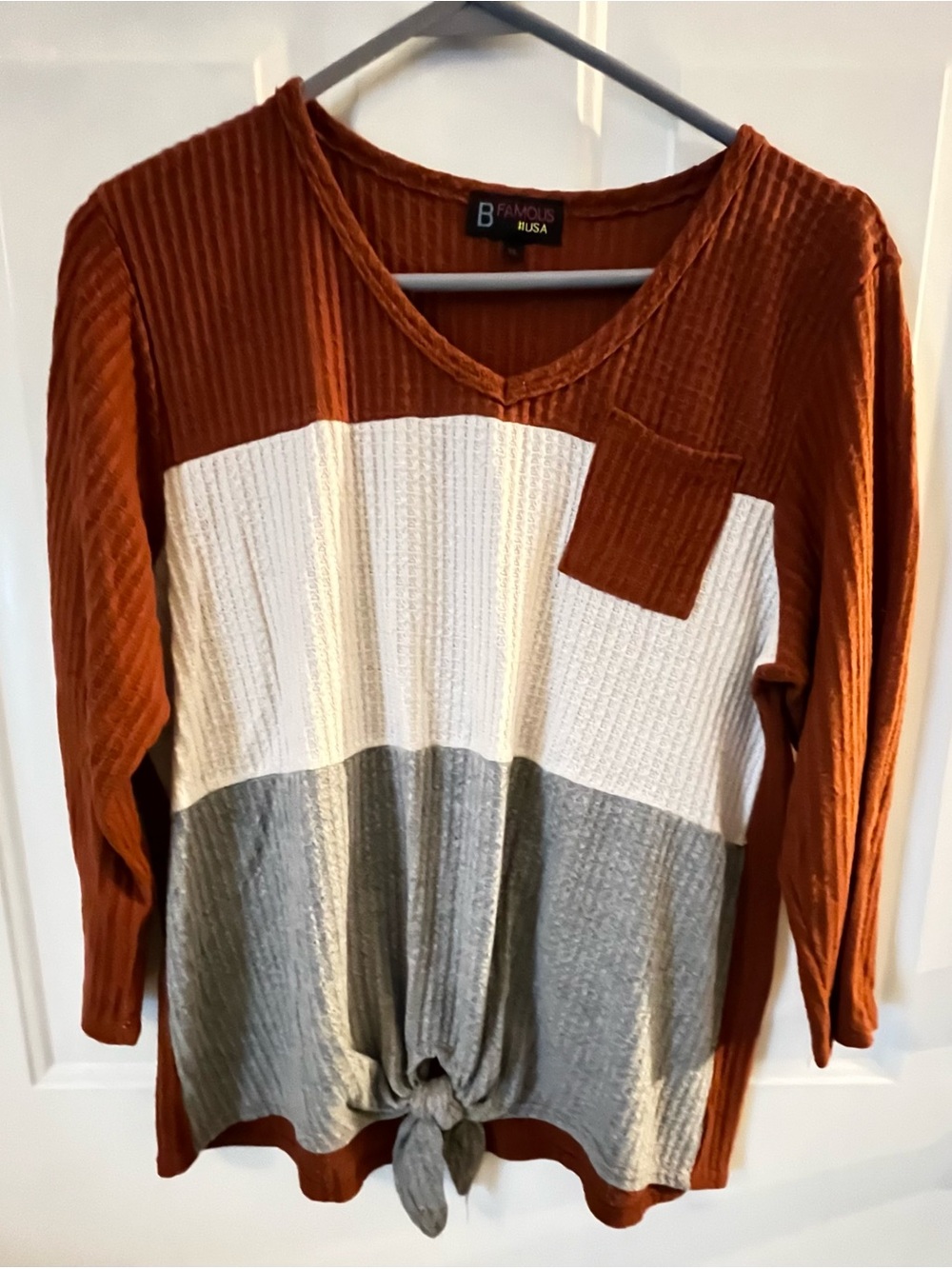 Colorblock V-Neck Long Sleeve Top in Rust, Cream & Gray by B. Famous